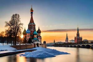 de Sol uppsättningar över de moskva flod och de kremlin. ai-genererad foto