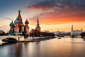 de kreml och de moskva flod på solnedgång. ai-genererad foto