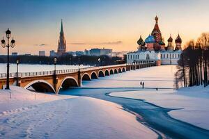 de kreml och de röd fyrkant i vinter. ai-genererad foto