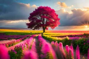 en rosa träd står i de mitten av en fält. ai-genererad foto