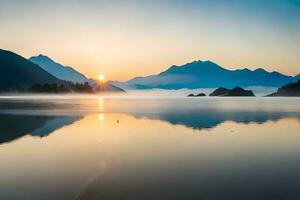 de Sol stiger över en sjö och berg. ai-genererad foto