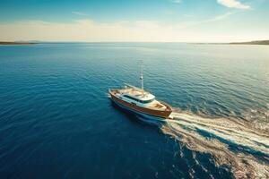 antenn se av skön Yacht i blå hav, ai genererad foto