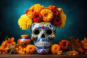 dag av de död, dia de los muertos firande bakgrund med socker skalle, calaverita, ringblommor blommor, ai genererad foto