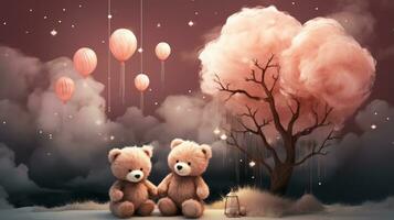 två söt och kelig teddy björnar sitta lyckligt under en träd, deras ler fylld med glädje som rosa ballonger drift upp till de himmel, ai generativ foto