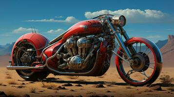 en röd motorcykel i de öken, ai generativ foto