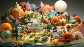 en nyckfull tecknad serie landskap tillverkad med invecklad papper utskärningar framkallar en känsla av fantasifull spela och kreativ artisteri, ai generativ foto