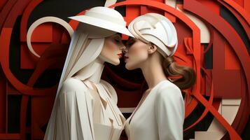 två skön kvinnor i vit klänningar och hattar dela med sig en passionerad kyss, deras röd mun de endast fläck av Färg i en romantisk scen, ai generativ foto