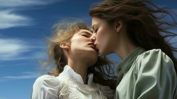 två kvinnor passionerat omfamning i en kärleksfull omfamning under en romantisk himmel, uttrycker deras kärlek genom en anbud kyss, ai generativ foto