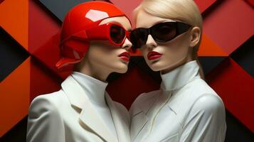 två eleganta kvinnor bär modern solglasögon och vit shirts självsäkert kliva fram, deras ljus röd glasögon framställning en djärv påstående, ai generativ foto