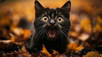 en svart felidae katt står utanför med dess mun öppna, dess polisonger ryckningar i de vind som den undersökningar dess däggdjur rike, ai generativ foto