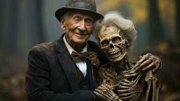 ett gammal man i en kostym och en skelett kvinna, ai generativ foto