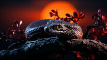 de Sol strålade ner på de majestätisk reptil, en orm uppflugen på en gren, dess fjällig hud glittrande i de ljus som den symboliskt överbryggad de världar av däggdjur och drake, ai generativ foto