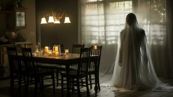 en skön spöke står graciöst i henne ren vit klänning, upplyst förbi de flimmer ljus av en ljus som hon lutar mot de tabell i de mjukt belyst rum, ai generativ foto