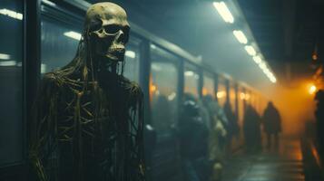 på en tyst natt, en skelett- figur står ensam i ett kusligt utomhus- tunnelbana station, upplyst förbi de mjuk ljus av en avlägsen gata, reflekterande av de metall av ett tömma tåg, ai generativ foto