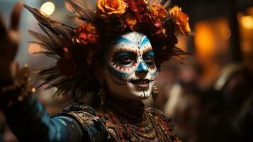på en vibrerande utomhus- festival, en kvinna med en målad ansikte och blommor i henne hår danser med glädje, henne färgrik masque maskering henne identitet och tillsats till de karneval atmosfär, ai generativ foto
