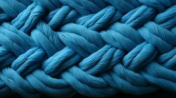 en närbild av en vibrerande blå stickat tyg avslöjar ett invecklad väva av fibrer, knutar, och trådar, frammanande en känsla av värme och bekvämlighet, ai generativ foto