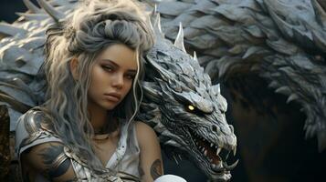 en mystisk kvinna med lång hår och en majestätisk drake, ai generativ foto