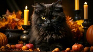 en svart katt Sammanträde i främre av en ljus och pumpor, ai generativ foto
