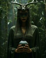 en mystisk kvinna står bland de träd i de skog, täckt i Kläder och innehav en pott, henne ansikte dold Bakom en mask, som om hon var en staty komma till liv, ai generativ foto