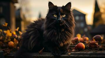 på halloween natt, en mystisk svart katt uppflugen på en avsats stirrar spänt med dess genomträngande gyllene ögon, dess fluffig päls och lång polisonger silhouetted mot de månljus natt, ai generativ foto