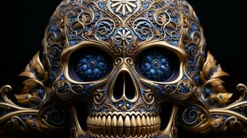ett invecklad masque av guld och brons konstfullt pryder en mystisk skalle, skapande en fängslande bild av död och Kläder, ai generativ foto