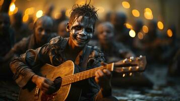 på en vibrerande konsert, en passionerad musiker passionerat klumpar deras gitarr medan bär en färgrik ansikte måla mask, skapande en vild och spännande musikalisk erfarenhet, ai generativ foto