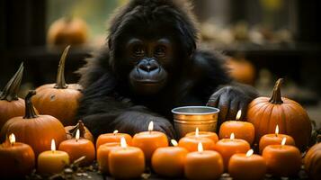 på halloween natt, en majestätisk gorilla står omgiven förbi lysande ljus, en symbol av de vild djurs inre styrka och förbindelse till de naturlig värld, ai generativ foto