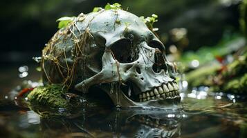 en mystisk skalle, halvt nedsänkt i en vild och vild kropp av vatten omgiven förbi frodig växter och vinstockar, tips på en glömt djur- dåtid, ai generativ foto