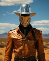 en oländig cowboy, klädd i en bredbredd hatt och kraftig Kläder, står lång i omfattande öken, ai generativ foto
