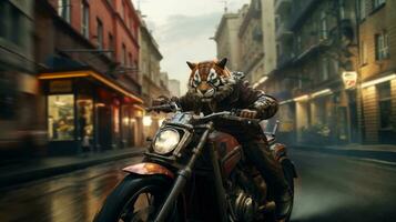 en person i en tiger mask ridning en motorcykel, ai generativ foto