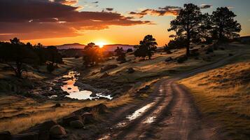 vattenfall på solnedgång i de skog ai generativ foto