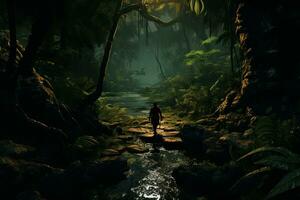 en spelarens karaktär navigerande genom en tät djungel. generativ ai foto