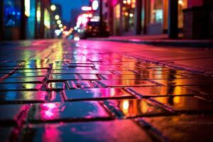 reflekterande neon lampor på våt trottoar. generativ ai foto