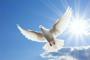 vit fågel flygande genom en blå himmel. generativ ai foto