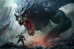 filmiska skott av en spelarens karaktär slåss en kolossal monster. generativ ai foto