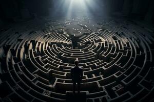 konceptuell bild av en person ser på en labyrint. generativ ai foto