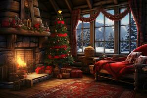 levande rum med en jul träd och en brand plats. generativ ai foto
