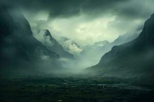 mystisk tapet med dimmig berg. generativ ai foto