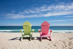 inbjudande strand hus scen med färgrik strand stolar. generativ ai foto
