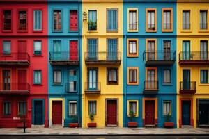 en rad av flerfärgad byggnader på en stad gata. generativ ai foto