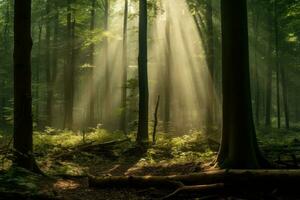 mystiker skog scen med strålar av solljus. generativ ai foto