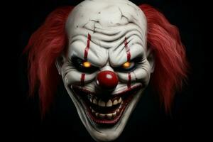 skrämmande clown mask med kuslig flin och röd näsa. generativ ai foto