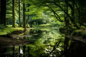 flod löpning genom en frodig grön skog. generativ ai foto