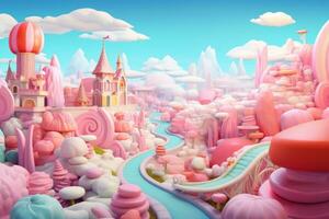 tecknad serie scen av en rosa stad med massor av moln. generativ ai foto