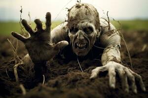 zombie hand spricker ut av de jord.. generativ ai foto