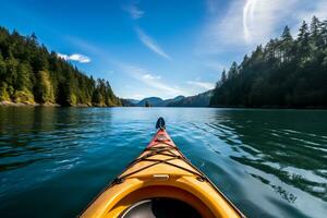 ai generativ bild av spänning utomhus- äventyr, vandring, camping, Kajakpaddling foto