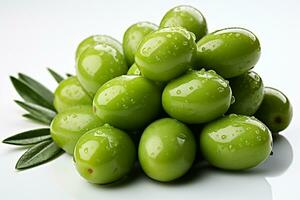 ai generativ bild av färsk grön oliver med vit bakgrund foto