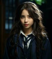 en skön asiatisk skola flicka med delikat ansikte. ai generativ foto