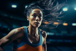 ai generativ fast besluten asiatisk kvinna idrottare i verkan på en sporter arena under vibrerande stadion lampor foto