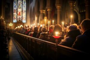 ai generativ förtjusande bild av en kyrka midnatt jul service foto